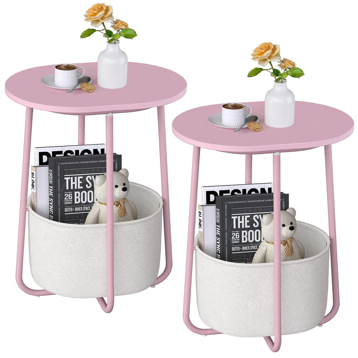 TUTOTAK Small Side Table, Oval End Table, Night Stand, Bedside Table, Set of 2, Sofa Table with Cloth Storage Basket, Living Room, Bed Room, Pink TB01BP0632 TUTOTAK
