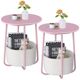 TUTOTAK Small Side Table, Oval End Table, Night Stand, Bedside Table, Set of 2, Sofa Table with Cloth Storage Basket, Living Room, Bed Room, Pink TB01BP0632 TUTOTAK