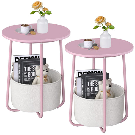 TUTOTAK Small Side Table, Oval End Table, Night Stand, Bedside Table, Set of 2, Sofa Table with Cloth Storage Basket, Living Room, Bed Room, Pink TB01BP0632 TUTOTAK