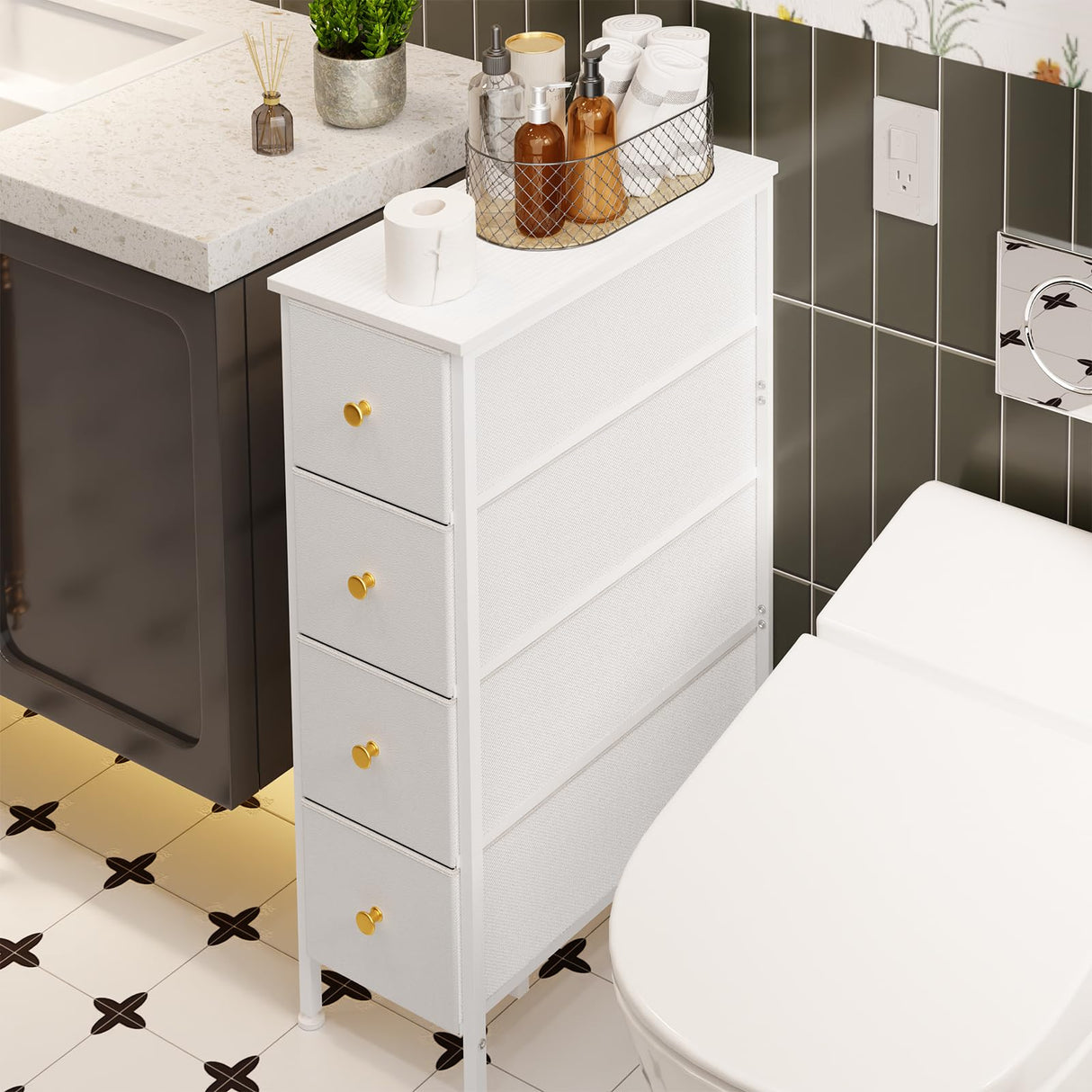 Fixwal Narrow Storage Cabinet, Dresser with 4 Drawers, Slim Fabric Dresser Storage Tower for Small Spaces, White Dresser with Steel Frame, Wood Top, for Bedroom, Bathroom, Living Room, Laundry, Closet Fixwal