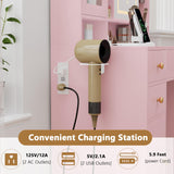 HUANLEGO Vanity Desk with Mirror and Lights, Glass Top Vanity with Lights and RGB Cabinet & Jewellery Organizers, Makeup Vanity Desk with Lights, Power Outlet, Dressing Table for Bedroom, Pink HUANLEGO