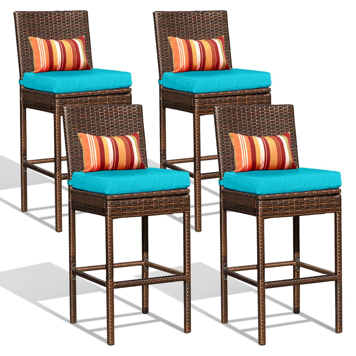 Sundale Outdoor Wicker Bar Stool Set of 4, 30 Inch Seat Height Patio Counter Height Stool with Back Rest, Rattan Woven Tall Chair with Pillow & Blue Cushion, High Bar Stool - Steel, Brown Sundale Outdoor