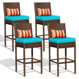 Sundale Outdoor Wicker Bar Stool Set of 4, 30 Inch Seat Height Patio Counter Height Stool with Back Rest, Rattan Woven Tall Chair with Pillow & Blue Cushion, High Bar Stool - Steel, Brown Sundale Outdoor