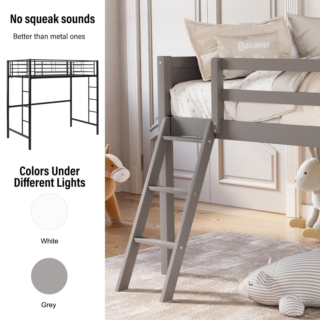 Merax Grey Low Loft Bed with Convertible Ladder and Full Guardrail, No Box Spring Needed Merax