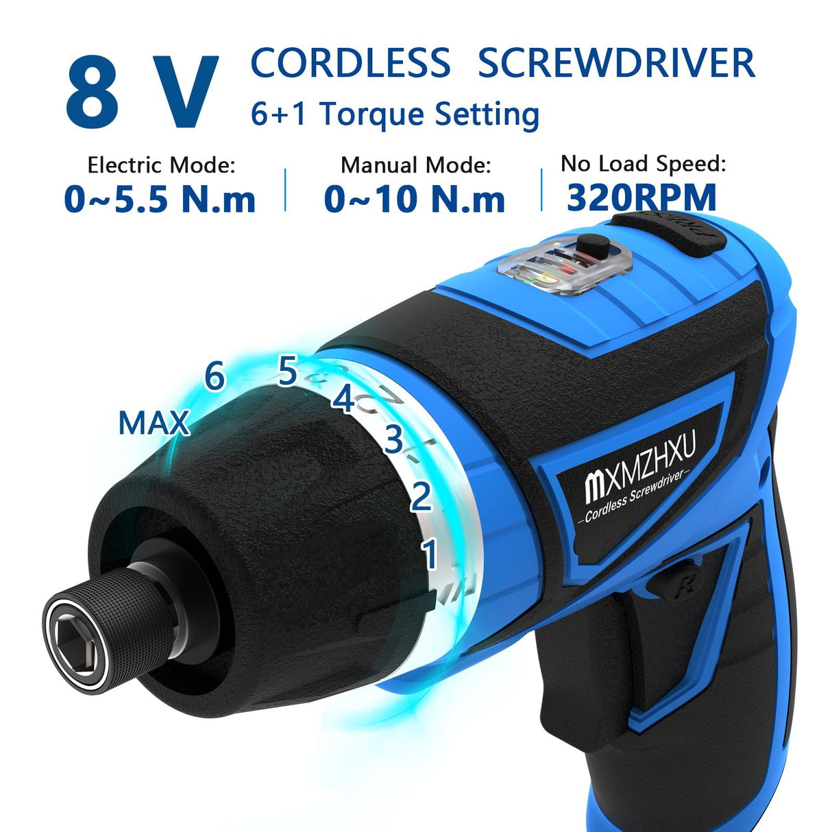 MXMZHXU Cordless Screwdriver, 8V Max 10Nm Electric Power Screwdriver with 47 Accessories, 6+1 Torque, Pivoting Handle, 2000mah Rechargeable Screw Gun & Bit Set with LED Light, Flexible Shaft MXMZHXU