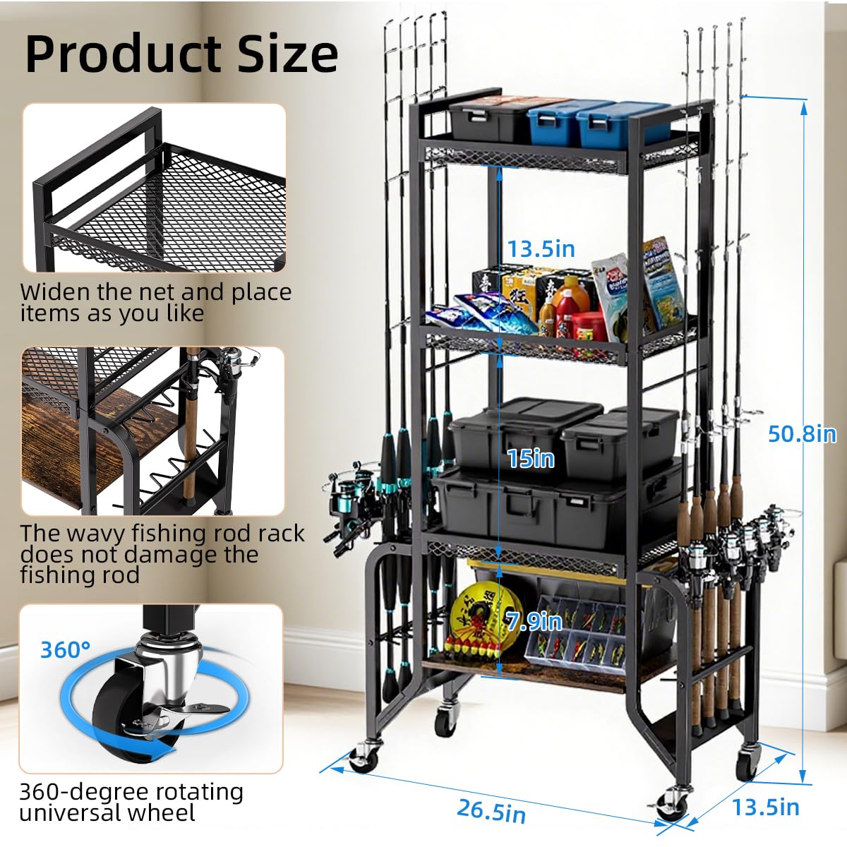 ZERTNROW Fishing Gear Storage Fishing Pole Holders for Garage- Rod Holder up to 10 Rods with Wheels and 4 layer of large capacity Shelf，Fishing Organizer for Large Tackle Box -Fishing Gear Storage ZERTNROW