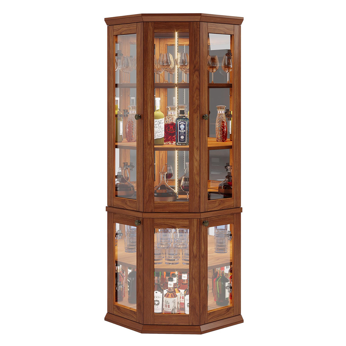 Tribesigns 70.87-Inch Corner Bar Cabinet, Tall Modern Corner Wine Cabinet with Doors & LED Lights, 5-Tier Home Bar Liquor Cabinet for Dining Room, Living Room, Kitchen, Rusitc Brown Tribesigns