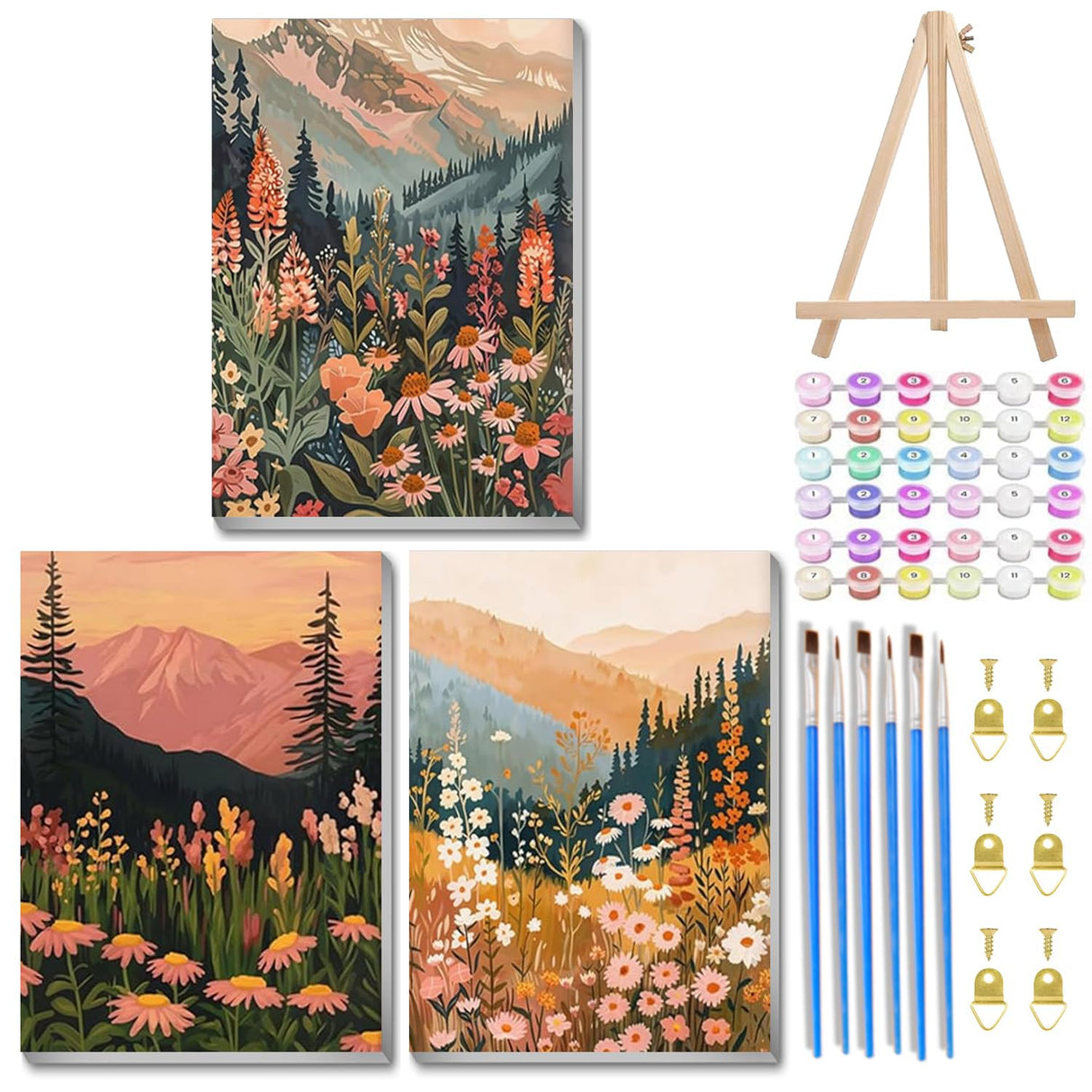 3 Pack Landscape Paint by Numbers Kit for Adults with Frame, Wildflowers Paint by Numbers, Adult Gift Craft Kits 7.8x11.8Inch with Frame and Easel Mandun