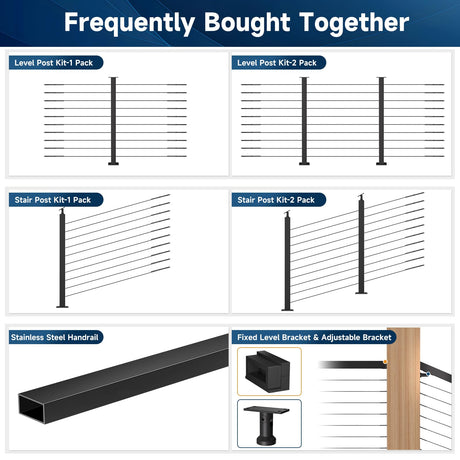 Gyykzz 5FT-8FT Porch Railing, 36" Matte Black Level Drilled Cable Railing Post Kits System for Outdoor Wood Porch with 1 Stainless Steel Railing Post, 99ft Black Cable, 20 Thread Swage Lag Screws Gyykzz