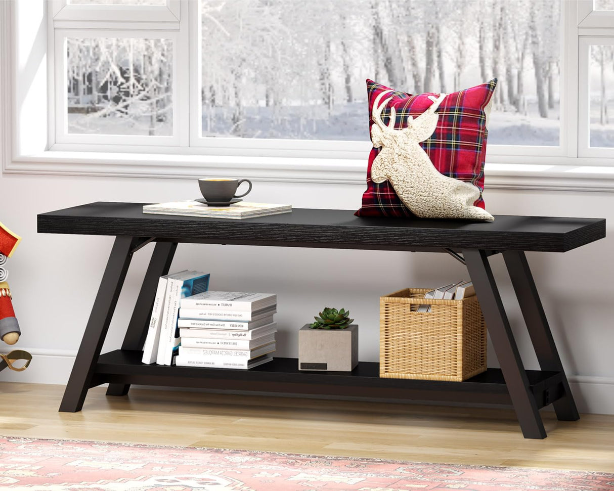 LVB Black Bench, Modern Storage Bench for Bedroom, Wood Metal Entryway Bench for Hallway Dining Living Room, Famrhouse Shoe Rack Indoor Accent Seating Bench for Foyer Entrance, Black Oak, 47 Inch Long LVB