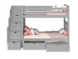 Bedz King Tall Stairway Bunk Beds Twin over Twin with 4 Drawers in the Steps and 2 Under Bed Drawers, Gray Bedz King