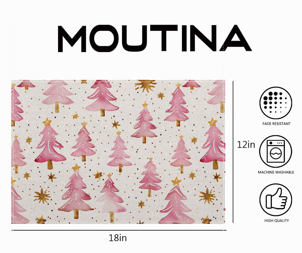 Christmas Placemats Set of 4, 12x18 Inch Pink Merry Christmas Trees Heat-Resistant Place Mats, Seasonal Winter Table Decors for Farmhouse Kitchen Dining Xmas Holiday Party Moutina