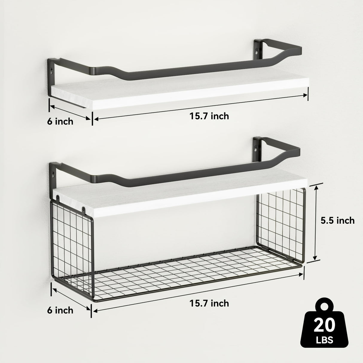 WOPITUES Floating Shelves with Wire Storage Basket, Bathroom Shelves Over Toilet with Protective Metal Guardrail, Wood Wall Shelves for Bathroom Organizers and Storage, Toilet Paper-White WOPITUES
