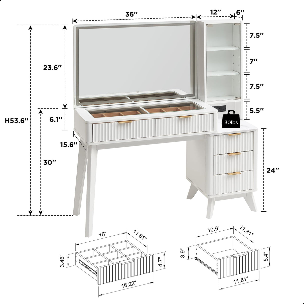 T4TREAM 48" Fluted Makeup Vanity Desk with Large 36" Mirror and Lights, Modern Glass Top Big Vanity Table with 5 Drawers & Adjustable Shelves, Dressing Table Set w/Charging Station for Bedroom, White T4TREAM