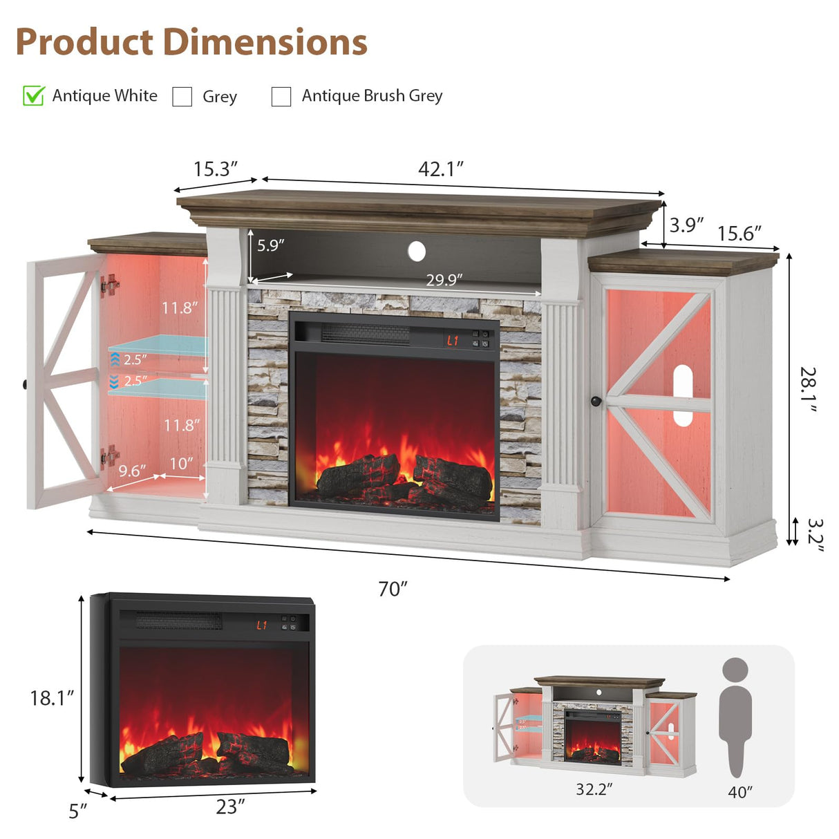 QUW Electric Fireplace TV Stand, 70" Farmhouse Entertainment Center with Open Shelf and Glass Barn Door Cabniet, Modern TV Console Table with 7 Flame Colors for Living Room, Antique White QUW