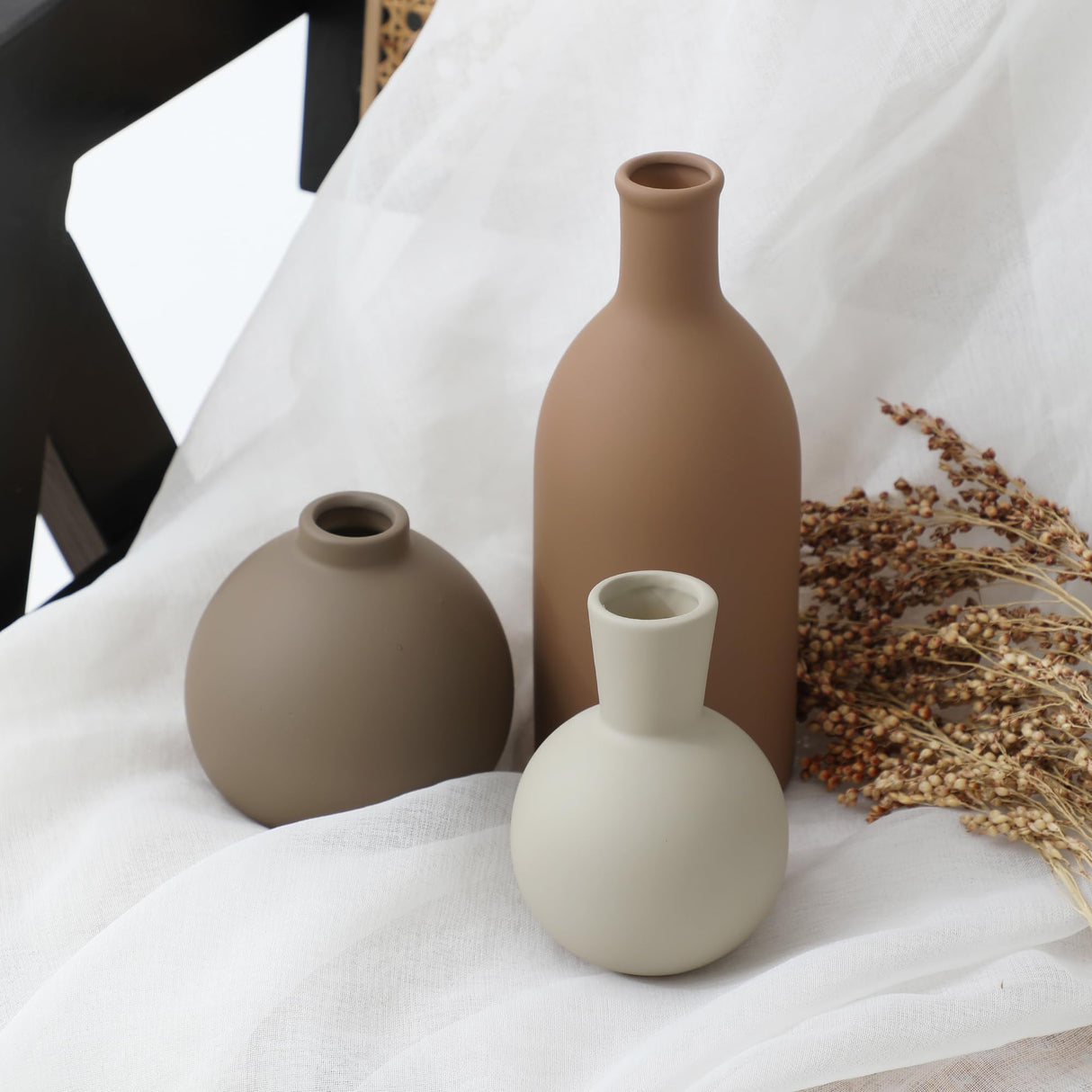 Ceramic Vase Set of 3, Vases Home Decor Rustic Vase Farmhouse Decor Vase Terra Cotta Pottery Vases for Bouquet Pampas Grass Dried Fresh Flowers, Living Room, Kitchen, Bedroom, Entryway Decor- Brown ooit