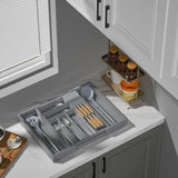TIOPGHAD Bamboo-Silverware-Drawer-Organizer-Kitchen, Expandable Utensil Holder Cutlery Tray Flatware Organization Adjustable Wood Tableware Dividers Storage (with Removable Knife Block)(Grey) TIOPGHAD