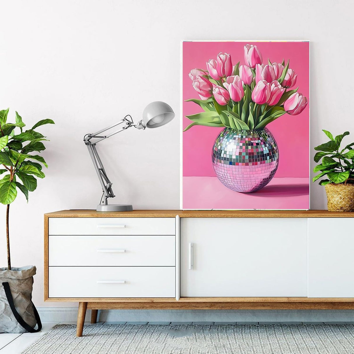 Pink Tulips Painting by Numbers Kits 16x20 inch Canvas Disco Ball Vase Pattern DIY Oil Painting for Kids, Adults Beginners with Brushes Acrylic Pigment Flowers Drawings Gift (without Frame) MSTINGSHUN