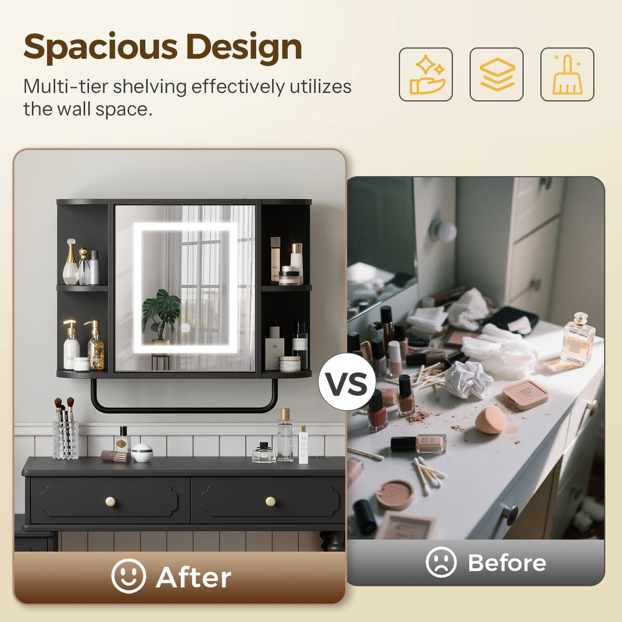 Bathroom Wall Cabinet with Mirror, Mirrored Medicine Cabinet with 3 Colors LED Light and 4 Open Shelves, Wall Mounted Over Toilet Storage Cabinets with Adjustable Shelf, 21.7"L x 6.7"W x 18.1"H, Black MAHANCRIS