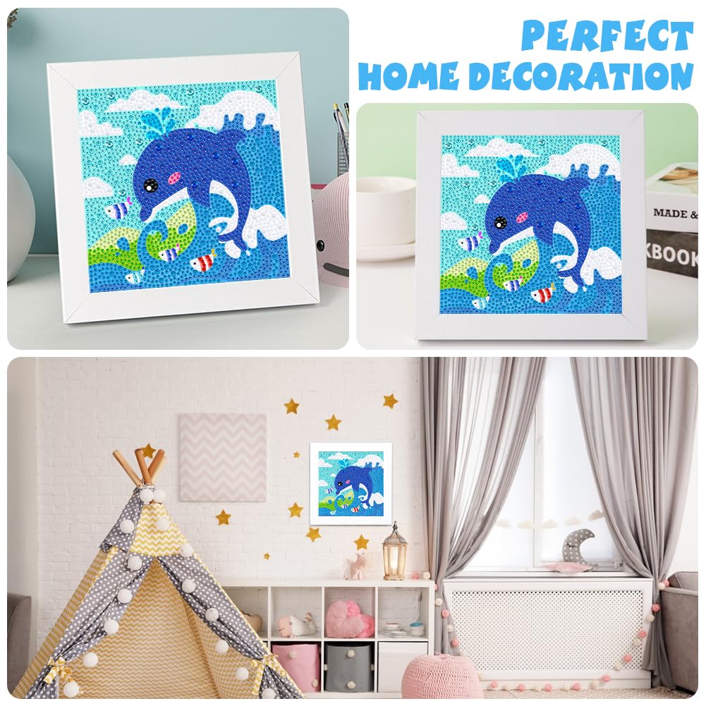 QEUOYSS Diamond Art Kit for Kids with Wooden Frame Art and Crafts for Kids Ages 6-8 -10-12 Easy to DIY Diamond Art for Kid and Adult Beginners Home Wall Decoration (Dolphin) QEUOYSS