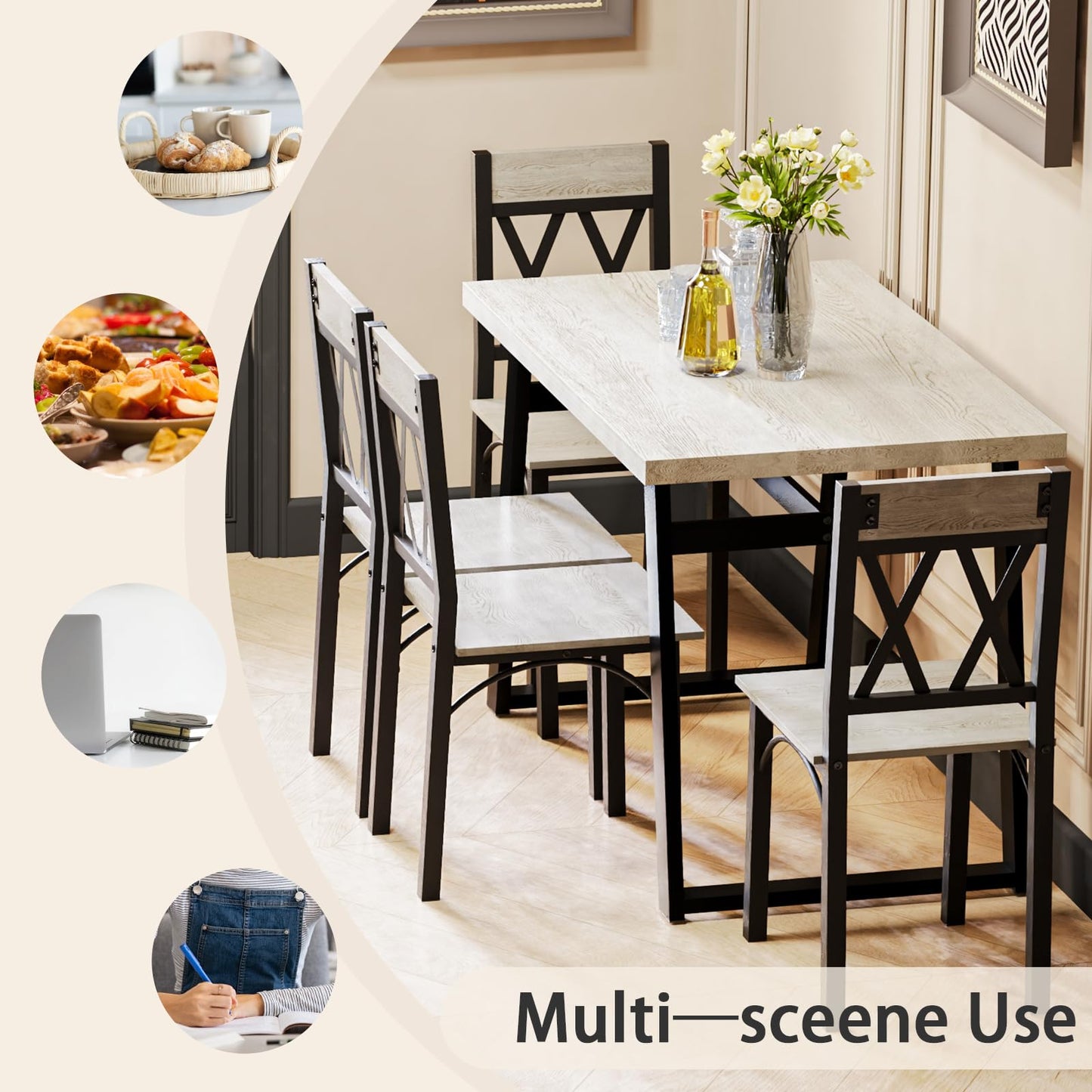 REHOOPEX Dining Room Table Set for 4, 5-Piece Farmhouse Kitchen Table Set, Thickened Metal Frame with Wood Top, Kitchen Table and Chairs for 4 Ideal for Dining Room, Dinette, Small Space, Apa - WoodArtSupply