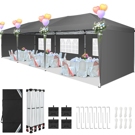 COBIZI Canopy 10x30 Pop Up Canopy Tent with 5 Sidewalls Party Tents for Parties Wedding Backyard Waterproof Canopy Outdoor Commercial Canopy Event Tent with Sandbags, Grey COBIZI