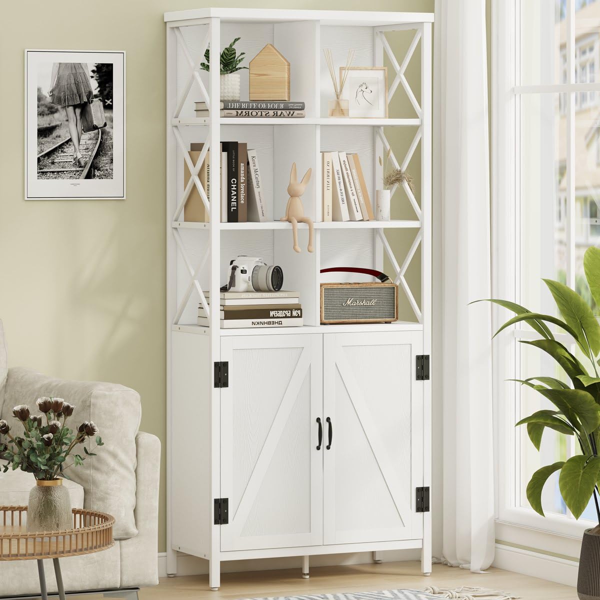 FATORRI Tall Bookcase with Doors - Modern White Oak Metal Shelf & Cabinet Storage FATORRI