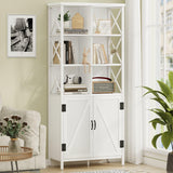 FATORRI Tall Bookcase with Doors - Modern White Oak Metal Shelf & Cabinet Storage FATORRI