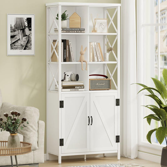 FATORRI Tall Bookcase with Doors - Modern White Oak Metal Shelf & Cabinet Storage - WoodArtSupply