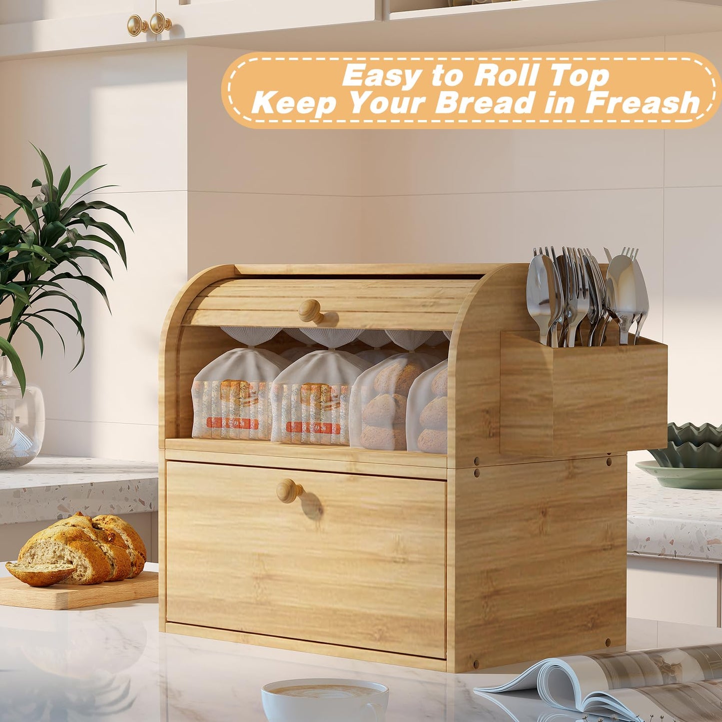 TQVAI Natural Bamboo 2 Layer Large Bread Box for Kitchen Counter Wood Bread Storage Container - Can Use as 2 Individual Bread Bin - Assembly Required, Original