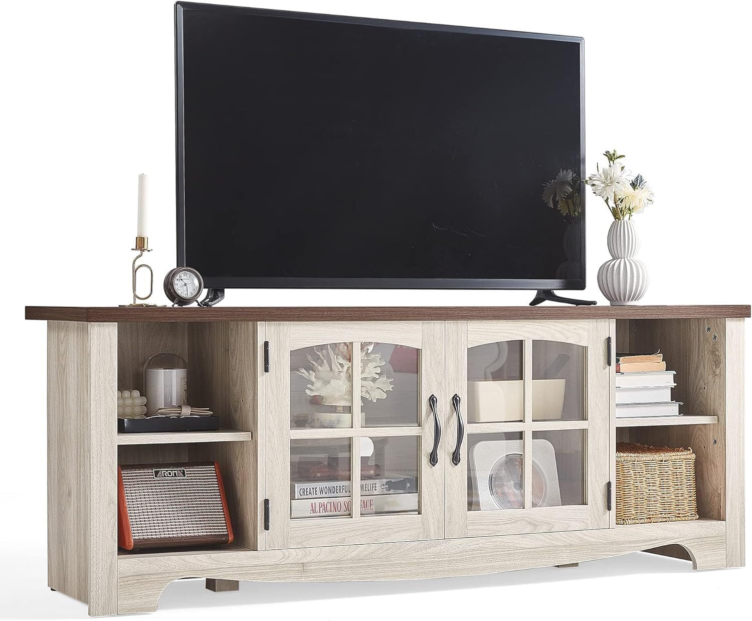 LINSY HOME Farmhouse TV Stand for 65 Inch TV, Wood Entertainment Center with Glass Door Storage Cabinet & Adjustable Shelves, Large Sturdy TV Console Table for Living Room Bedroom - WoodArtSupply