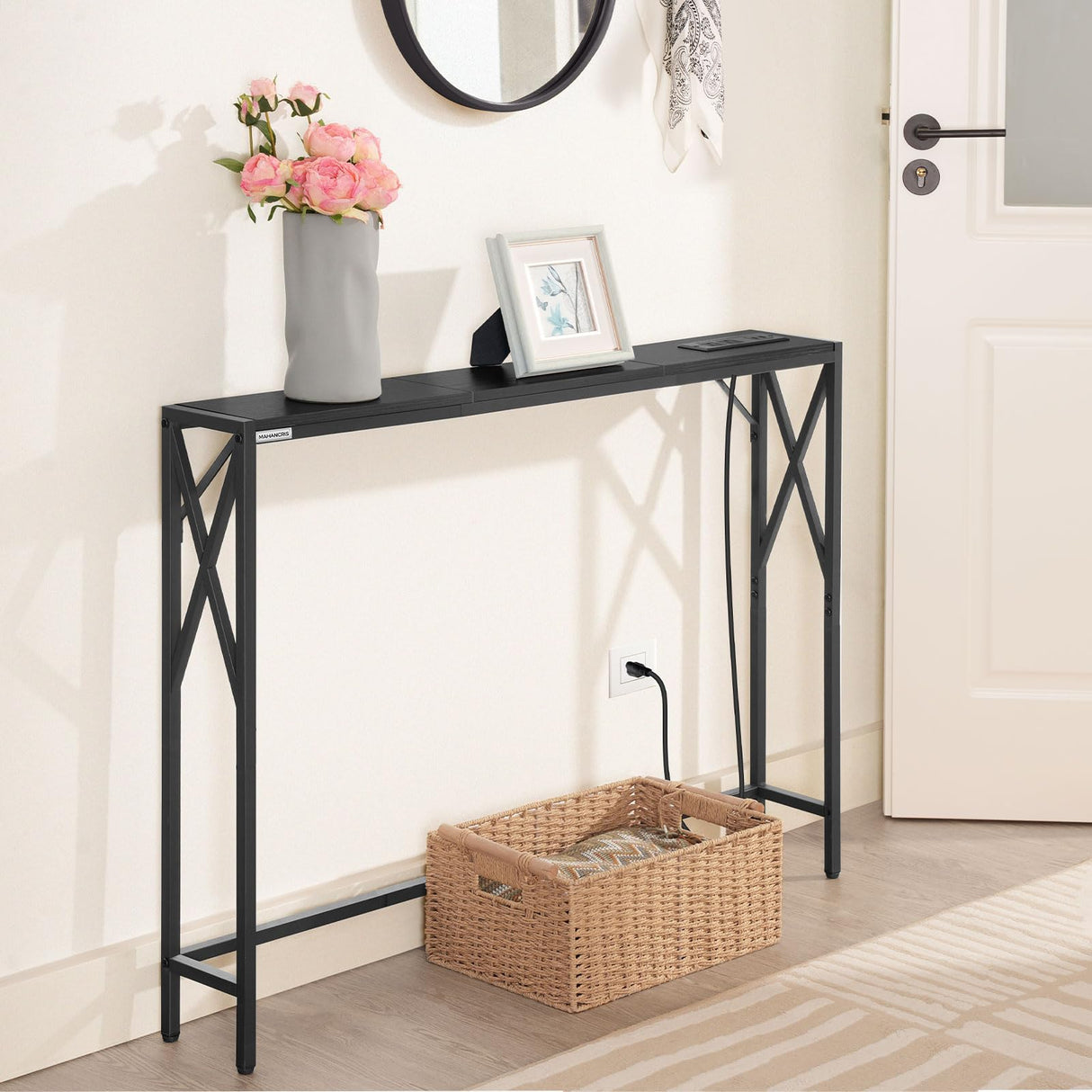 MAHANCRIS Sofa Table with Charging Station, 39.4” Console Table, Narrow Entryway Table, Slim Hallway Table, Retro Couch Table, for Entrance, Foyer, Living Room, Hallway, Black CTHB151E01 MAHANCRIS
