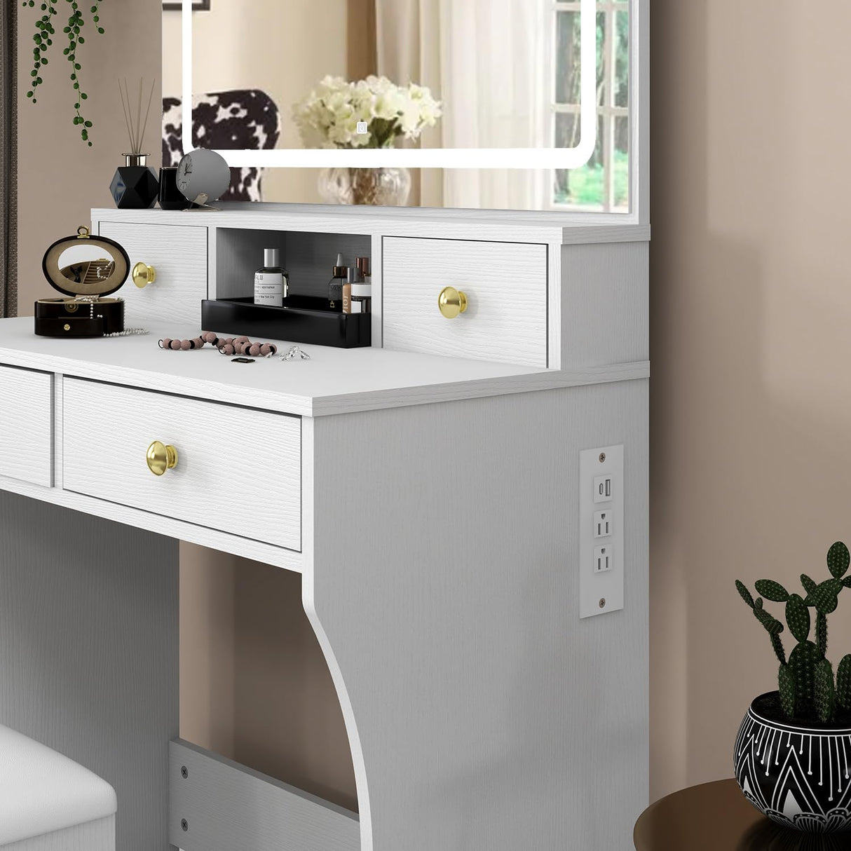 Vanity Desk Set with Adjustable LED Lighted Mirror, Girls Makeup Dressing Table with Stool and 4 Drawers Storage Makeup Table with Power Outlet for Bedroom (White) Panana