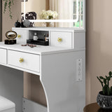 Vanity Desk Set with Adjustable LED Lighted Mirror, Girls Makeup Dressing Table with Stool and 4 Drawers Storage Makeup Table with Power Outlet for Bedroom (White) Panana