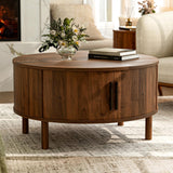 ZttRiee Coffee Table for Living Room, Modern Round Coffee Table with Cabinets & Sliding Doors, Home Small Space, 29.9" Fluted Center Table, Walnut ZttRiee