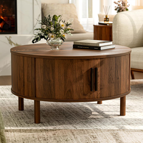 ZttRiee Coffee Table for Living Room, Modern Round Coffee Table with Cabinets & Sliding Doors, Home Small Space, 29.9" Fluted Center Table, Walnut ZttRiee