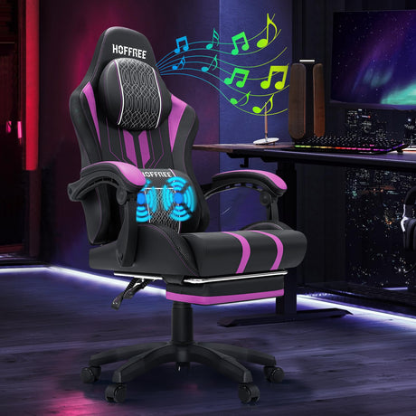 HOFFREE Gaming Chair with Speakers Massage Big and Tall Gaming Chairs with Footrest and Bluetooth for Adults 400lbs Reclining High Back Computer Desk Chair Purple and Black HOFFREE