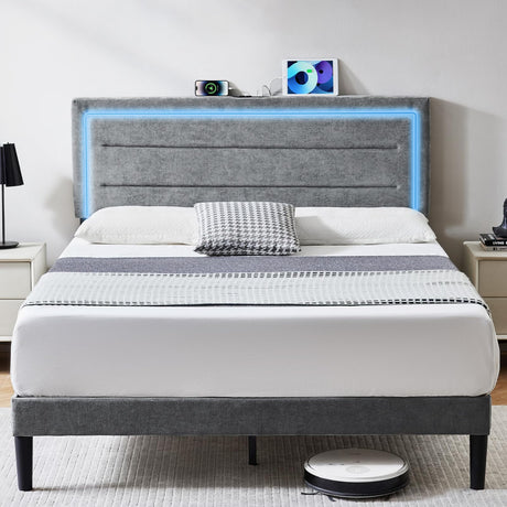 Queen Size Bed Frame with LED Lights and Charging Station, Chenille Upholstered Platform Queen Bed Frame with Headboard, No Box Spring Needed Bedframe, Noise Free, Easy Assembly, Gray Susalt