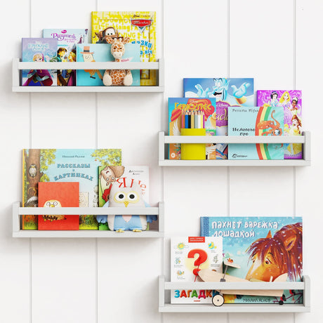 Forbena Floating Nursery Book Shelves for Wall Set of 4, White Wall Bookshelf for Kids Room, Small Wood Book Shelf Wall Mounted for Baby Teen Boys Girls Bedoom Bathroom Toy and Decor Storage Forbena