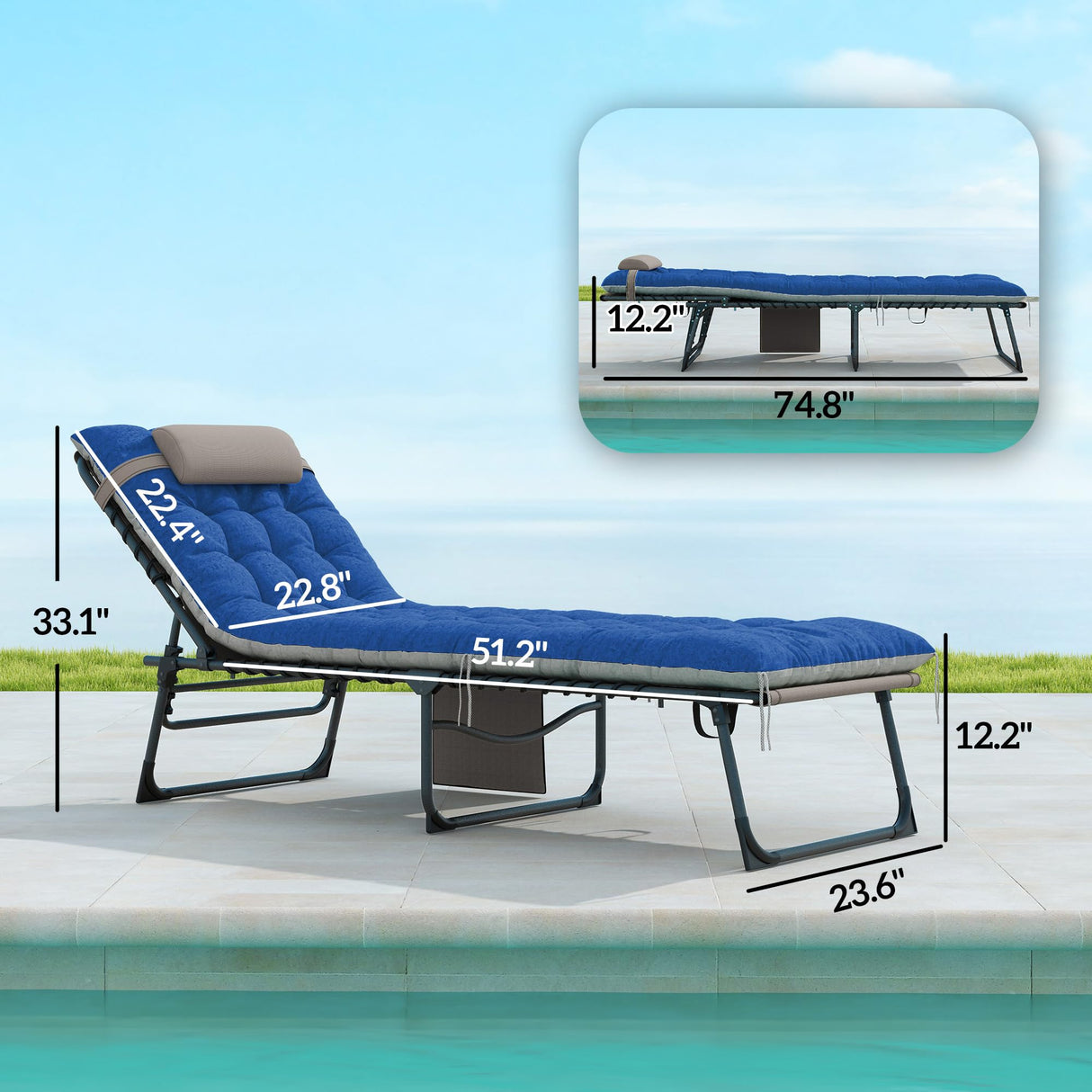 Outsunny Chaise Lounge Chair Outdoor Set of 2, 5-Position Adjustable Outdoor Pool Lounge Chairs, Folding Tanning Chair Beach Lounger with Cushion, Headrest, Side Pocket for Patio, Yard, Brown/Blue Outsunny