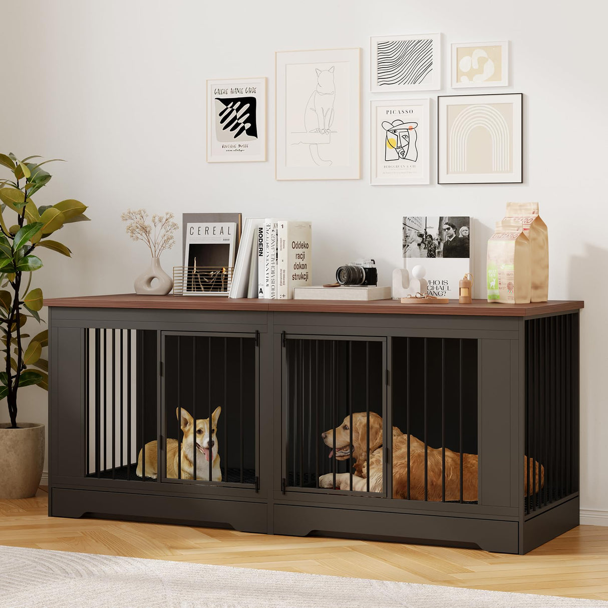 Large Dog Crate Furniture - Indoor Wooden Furniture Style Dog Kennel - Heavy Duty Decorative Dog Crate Table with Tray and Removable Divider - 75" L x 27.6" W x 32.7" H, Black A6HOM