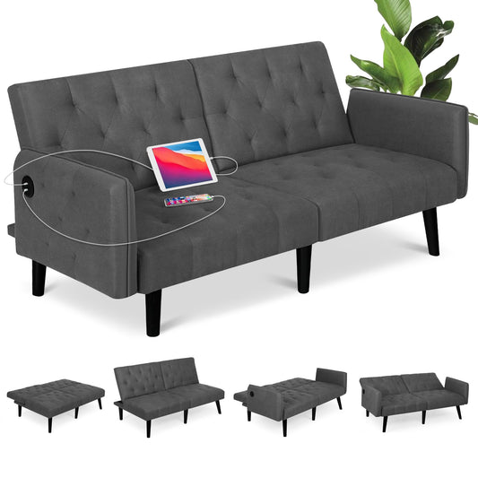 TYBOATLE 65“ Sofa Bed w/ 2 USB,Convertible Futon Tufted Small Adjustable Folding Couch Loveseat, Modern Mid Century Faux Leather Sleeper Sofa for Living Room,Bedroom,Apartment,Office (Black) (Grey)