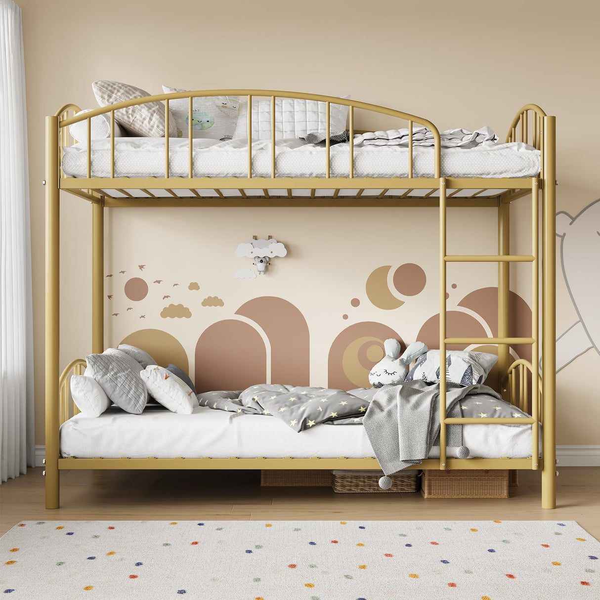 Garvee Bunk Bed Twin Over Twin with Ladder and Arched Guardrail, Heavy Duty Bunkbeds Frame with Sturdy Steel Slats Support for Kids Boys Girls, Space-Saving, No Box Spring Needed, Gold Garvee