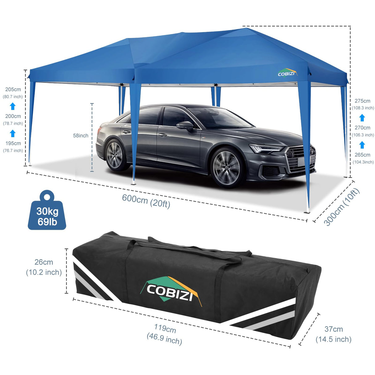 COBIZI Canopy 10x20 Pop Up Canopy Tent 10x20ft Waterproof Party Tent Ez Up Canopy Tents for Parties Wedding Outdoor Commercial Event Gazebo Portable Instant Tent for Backyard Camping Carport, Blue COBIZI