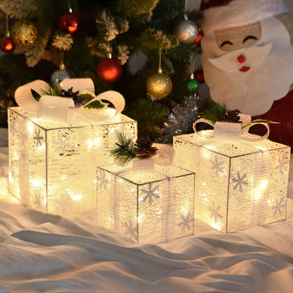 Bstge Christmas Lighted Gift Boxes, Set of 3 Christmas Decorations for Home, Light up Christmas Ornaments, Warm White LED with Bows for Indoor Party Holiday, Christmas Decor(Snow)