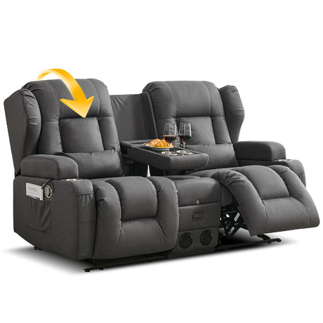 DRMBOOK Loveseat Rocker Recliner Sofa, Leathaire Fabric Dual Reclining Couch with Console, Manual Reclinable Double Seat 2 Person Recliner, RV Movie Seating for Travel Trailers Living Room (Drak Grey) DRMBOOK