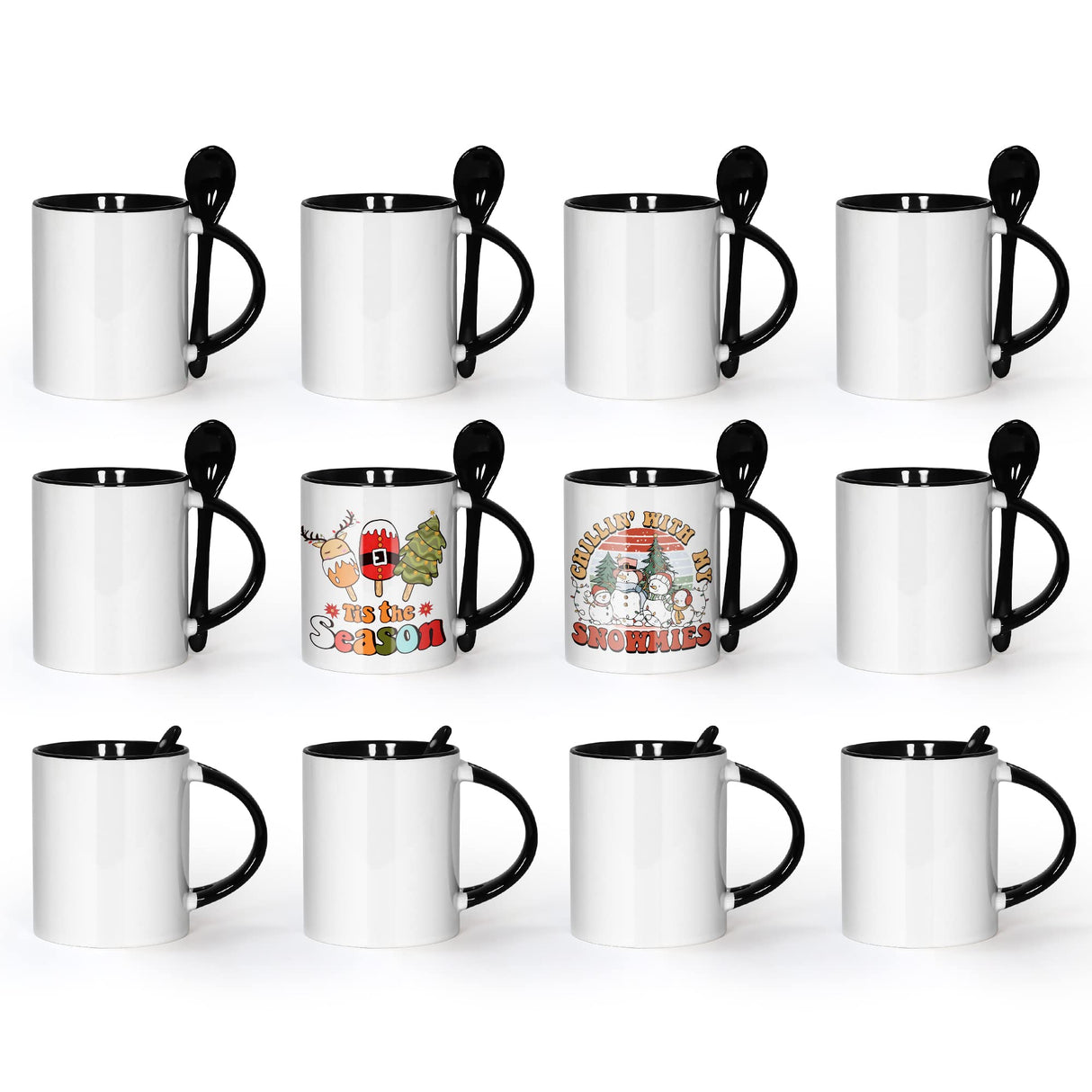 AGH Sublimation Coffee Mugs Blank 11 oz, White Straight Ceramic Cups with Black Interior, Handle, Spoon, Bulk Bundle Set of 12 AGH