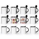 AGH Sublimation Coffee Mugs Blank 11 oz, White Straight Ceramic Cups with Black Interior, Handle, Spoon, Bulk Bundle Set of 12 AGH