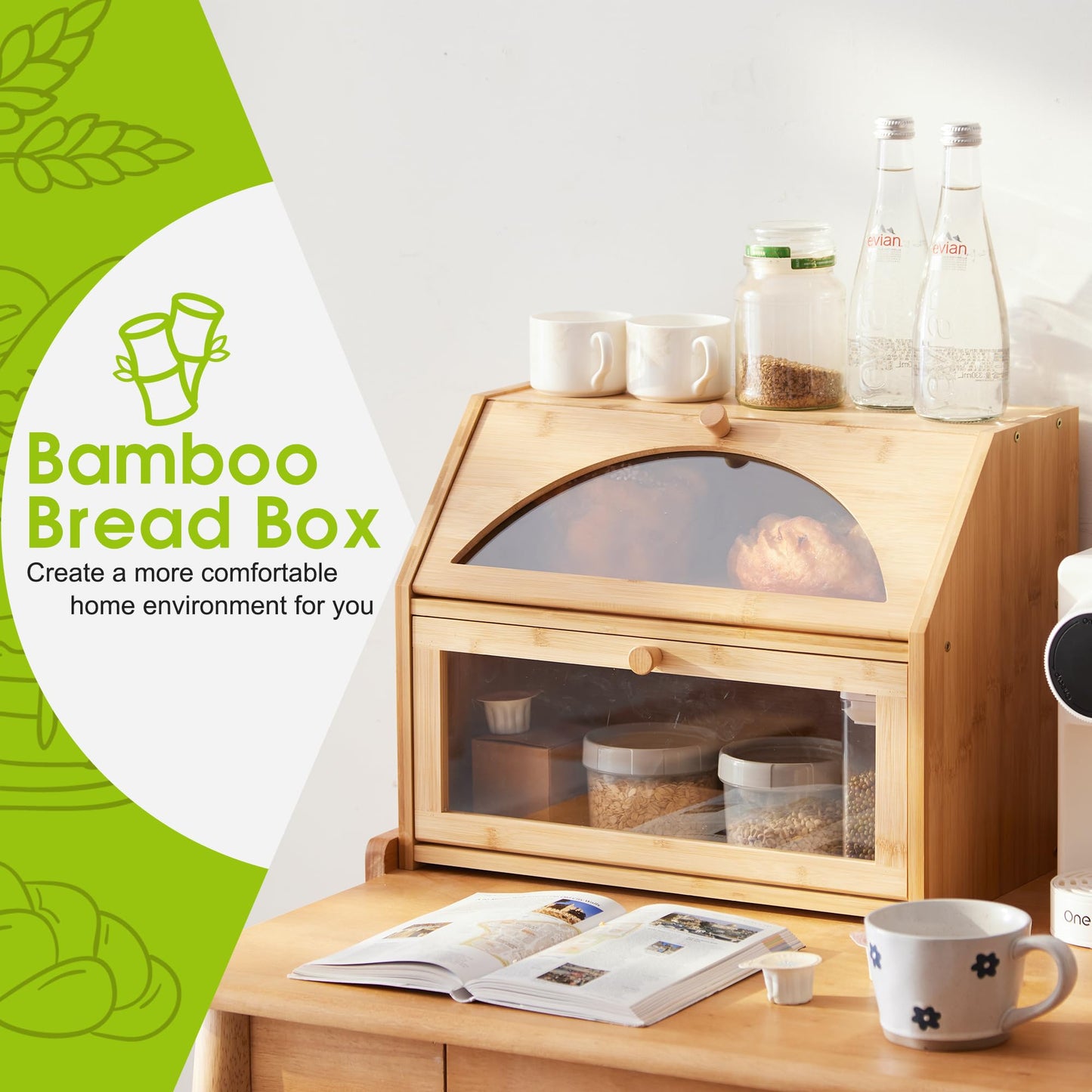 Bamboo Bread Box for Kitchen Bread Storage And Organizer Farmhouse Countertop Bread box Double Layer Bamboo Wooden Extra Large Capacity(Natural) - WoodArtSupply