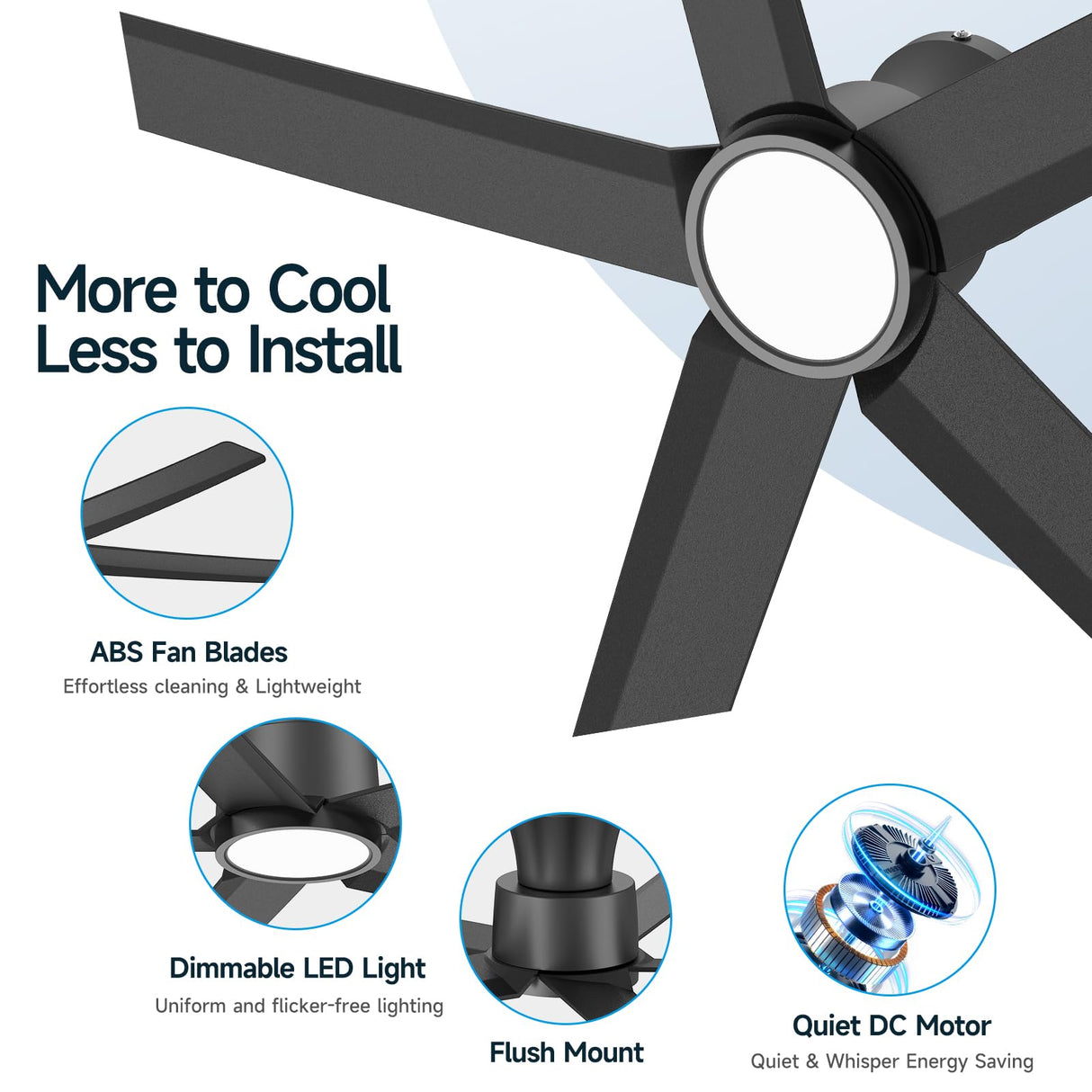ocioc Smart Ceiling Fans with Lights,52 inch,Reversible Quiet DC Motor,Dimmable,Black Ceiling Fan Compatible with Alexa Google home Indoor/Outdoor ocioc